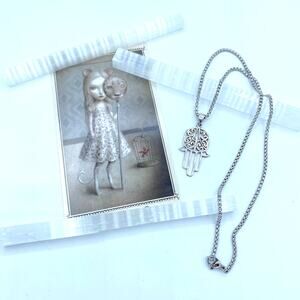 Hamsa Sterling Silver Pendant On Stainless Steel Rounded Box Chain